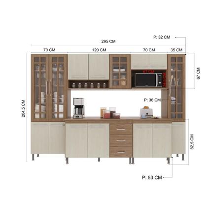Imagem de Cozinha Modulada Completa Fidelitá Paris 6 Peças 295cm 15 Portas 3 Gavetas Com Tampo Nogal/Salinas