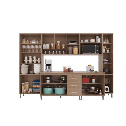 Imagem de Cozinha Modulada Completa Fidelitá Paris 6 Peças 295cm 15 Portas 3 Gavetas Com Tampo Nogal/Salinas