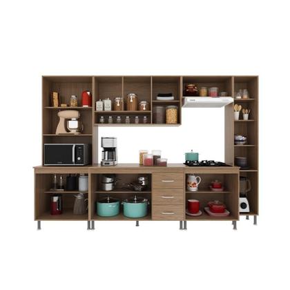 Imagem de Cozinha Modulada Completa Fidelitá Paris 6 Peças 295cm 15 Portas 3 Gavetas Com Tampo Nogal/Salinas