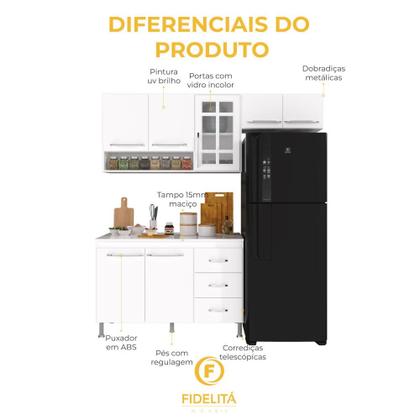 Imagem de Cozinha Modulada Completa Fidelitá Viena 3 Peças 190 Cm 7 Portas 3 Gavetas Com Tampo Branca