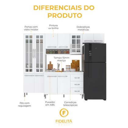Imagem de Cozinha Modulada Completa Fidelitá Viena 4 Peças 260 Cm 11 Portas 3 Gavetas Com Tampo Branco