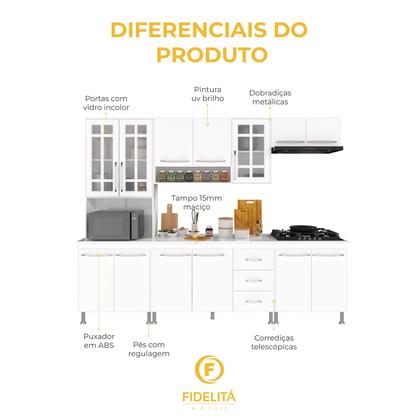 Imagem de Cozinha Modulada Completa Fidelitá Viena 5 Peças 260cm 13 Portas 3 Gavetas Com Tampo Branco
