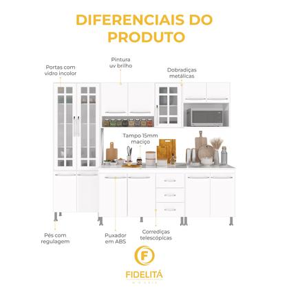 Imagem de Cozinha Modulada Completa Fidelitá Viena 5 Peças 260cm 13 Portas 3 Gavetas Com Tampo Branco