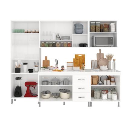 Imagem de Cozinha Modulada Completa Fidelitá Viena 5 Peças 260cm 13 Portas 3 Gavetas Com Tampo Branco
