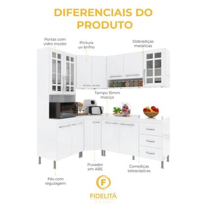 Imagem de Cozinha Modulada Completa Fidelitá Viena 5 Peças 340cm 12 Portas 3 Gavetas Com Tampo Branco