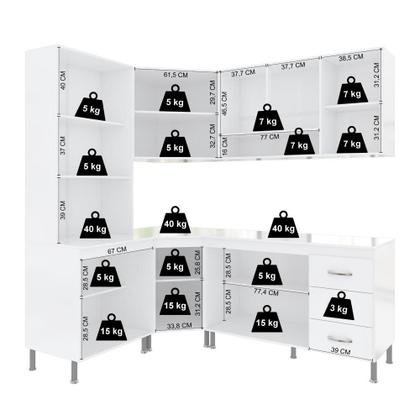 Imagem de Cozinha Modulada Completa Fidelitá Viena 5 Peças 340cm 12 Portas 3 Gavetas Com Tampo Branco