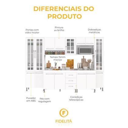 Imagem de Cozinha Modulada Completa Fidelitá Viena 6 Peças 295cm 15 Portas 3 Gavetas Com Tampo Branco