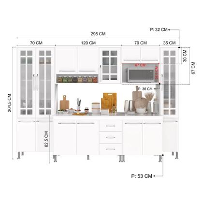 Imagem de Cozinha Modulada Completa Fidelitá Viena 6 Peças 295cm 15 Portas 3 Gavetas Com Tampo Branco