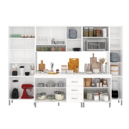 Imagem de Cozinha Modulada Completa Fidelitá Viena 6 Peças 295cm 15 Portas 3 Gavetas Com Tampo Branco