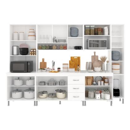 Imagem de Cozinha Modulada Completa Fidelitá Viena 6 Peças 295cm 15 Portas 3 Gavetas Com Tampo Branco