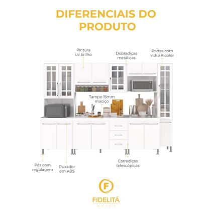 Imagem de Cozinha Modulada Completa Fidelitá Viena 6 Peças 295cm 15 Portas 3 Gavetas Com Tampo Branco