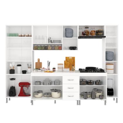Imagem de Cozinha Modulada Completa Fidelitá Viena 6 Peças 295cm 15 Portas 3 Gavetas Com Tampo Branco