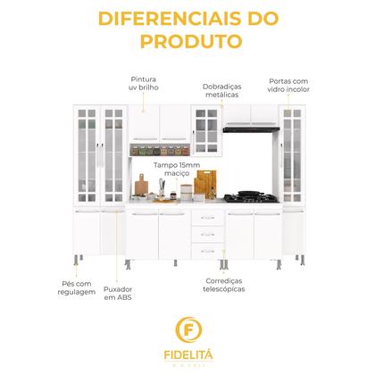 Imagem de Cozinha Modulada Completa Fidelitá Viena 6 Peças 295cm 15 Portas 3 Gavetas Com Tampo Branco