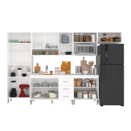 Imagem de Cozinha Modulada Completa Fidelitá Viena 6 Peças 330cm 15 Portas 3 Gavetas Com Tampo Branco