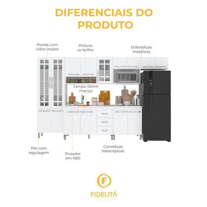 Imagem de Cozinha Modulada Completa Fidelitá Viena 6 Peças 330cm 15 Portas 3 Gavetas Com Tampo Branco