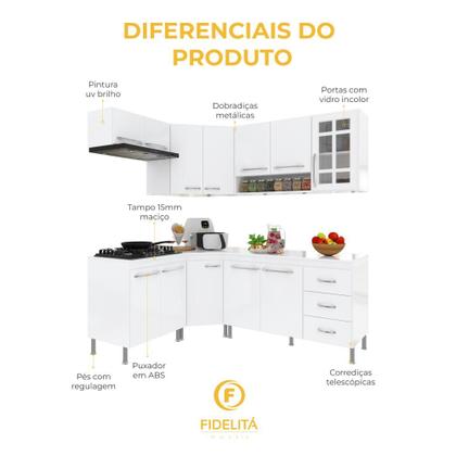 Imagem de Cozinha Modulada Completa Fidelitá Viena 6 Peças 340cm 12 Portas 3 Gavetas Com Tampo Branco