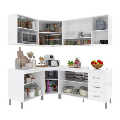 Imagem de Cozinha Modulada Completa Fidelitá Viena 6 Peças 340cm 12 Portas 3 Gavetas Com Tampo Branco