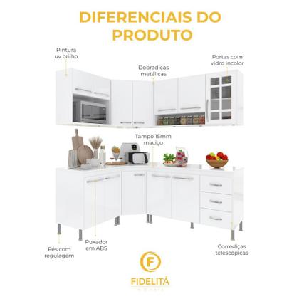 Imagem de Cozinha Modulada Completa Fidelitá Viena 6 Peças 340cm 12 Portas 3 Gavetas Com Tampo Branco