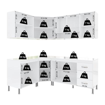 Imagem de Cozinha Modulada Completa Fidelitá Viena 6 Peças 340cm 12 Portas 3 Gavetas Com Tampo Branco