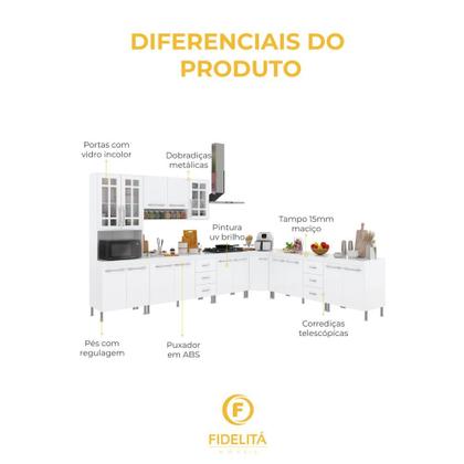 Imagem de Cozinha Modulada Completa Fidelitá Viena 7 Peças 600cm 16 Portas 6 Gavetas Com Tampo Branco
