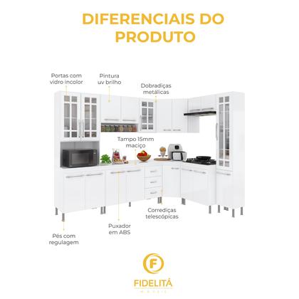 Imagem de Cozinha Modulada Completa Fidelitá Viena 8 Peças 445cm 18 Portas 3 Gavetas Com Tampo Branco