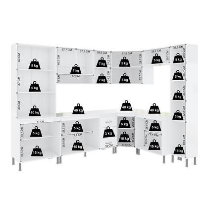 Imagem de Cozinha Modulada Completa Fidelitá Viena 8 Peças 445cm 18 Portas 3 Gavetas Com Tampo Branco
