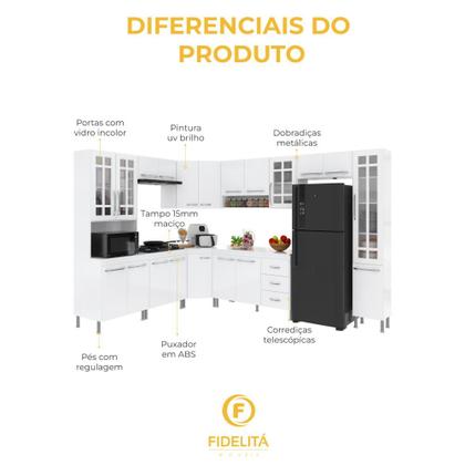 Imagem de Cozinha Modulada Completa Fidelitá Viena 9 Peças 515cm 20 Portas 3 Gavetas Com Tampo Branco