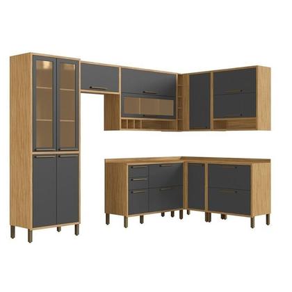 Imagem de Cozinha Modulada de Canto 8 Peças 14 Portas e Vidro Reflecta 321cm 100% Mdf Vicenza Espresso Móveis