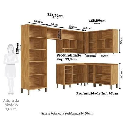 Imagem de Cozinha Modulada de Canto 8 Peças 14 Portas e Vidro Reflecta 321cm 100% Mdf Vicenza Espresso Móveis