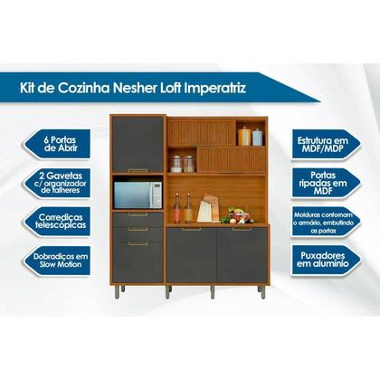 Imagem de Cozinha Modulada Nesher Imperatriz Loft 3Nichos Microondas c/6Portas e 2Gavetas Ripado 183x212cm Freijo/Grafite-Nesher