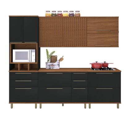 Imagem de Cozinha Modulada Paneleiro 4 Portas Nicho Forno Aéreo Ripado 120cm 2 Aéreos 80cm Balcão com Tampo 120cm Completa 6 Peças Madri