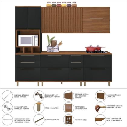 Imagem de Cozinha Modulada Paneleiro 4 Portas Nicho Forno Aéreo Ripado 120cm 2 Aéreos 80cm Balcão com Tampo 120cm Completa 6 Peças Madri