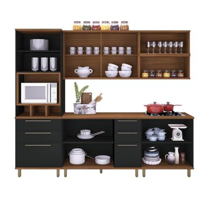 Imagem de Cozinha Modulada Paneleiro 4 Portas Nicho Forno Aéreo Ripado 120cm 2 Aéreos 80cm Balcão com Tampo 120cm Completa 6 Peças Madri