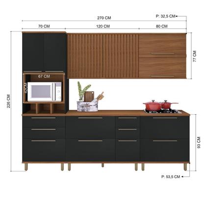 Imagem de Cozinha Modulada Paneleiro 4 Portas Nicho Forno Aéreo Ripado 120cm 2 Aéreos 80cm Balcão com Tampo 120cm Completa 6 Peças Madri