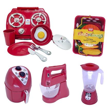 Imagem de Cozinha Vermelho Brinquedo Kit Infantil Mercado Fogão 22pç