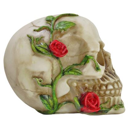 Imagem de Crânio Caveira Com Rosas na Boca Osso Esqueleto Resina 13X12
