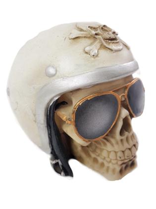 Imagem de Cranio caveira motoqueiro c/ óculos em resina branco