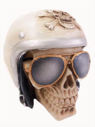 Imagem de Cranio caveira motoqueiro c/ óculos em resina branco