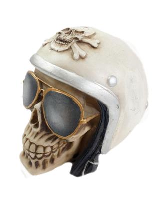 Imagem de Cranio caveira motoqueiro c/ óculos em resina branco