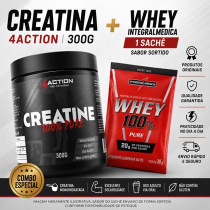 Imagem de Creatina Monohidratada 300g 4Action 100 Pura Whey 100 Pure Integralmédica Sachê 30g