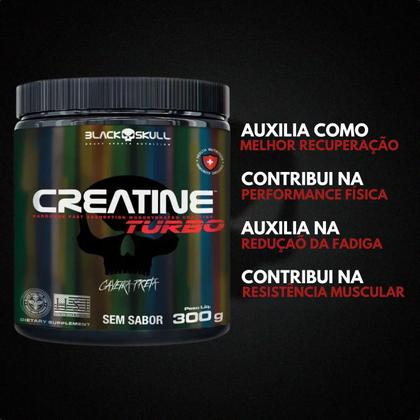 Imagem de Creatina Monohidratada Creatine Turbo Black Skull 300g  Energia  Força  Ganho de Massa Muscular p/ Musculação