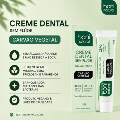 Imagem de Creme Dental Boni Natural Sem Fluor Carvao Vegetal Branqueador Antisseptico Sem Parabenos Halito 90g