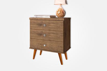 Imagem de Criado Mesa De Cabeceira Com 3 Gavetas Pés Palito Retrô Em Madeira Maciça