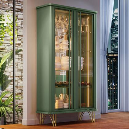 Imagem de Cristaleira 2 Portas de Vidro Pé em Aço Dourado Lucie Verde Pistache H01 - D'Rossi