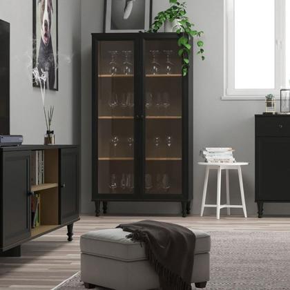 Cristaleira 2 Portas Vidro Pés Madeira 151x80 cm E957 Preto Dtall - Milani Store Imagem de Cristaleira 2 Portas Vidro Pés Madeira 151x80 cm E957 Preto Dtall
