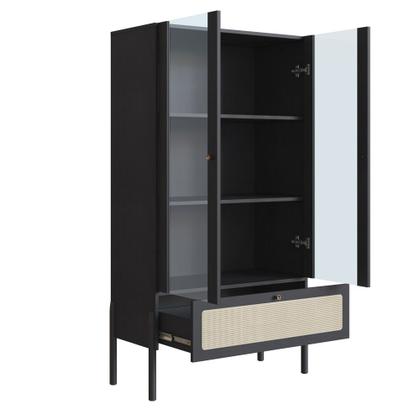 Imagem de Cristaleira Afrodite 2 Portas Vidro 1 Gaveta 83cm Palhinha Pé Madeira Boho Móvel na Caixa