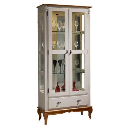 Imagem de Cristaleira com Espelho e LED 2 Portas 3 Prateleiras e Laterais em Vidro 60303EL Linz Móveis - Off White/Imbuia Glazer