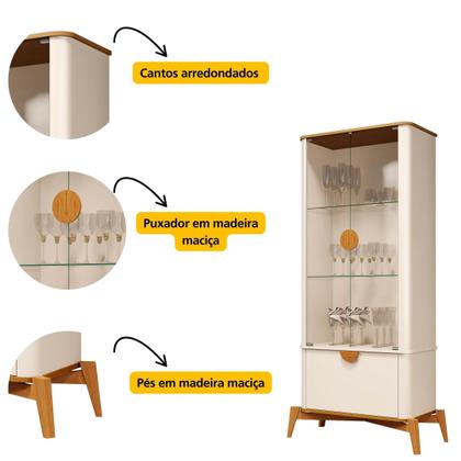 Imagem de Cristaleira Curva com Puxador e Pés em Madeira Maciça 100% MDF 180CMX89CM Linha Bege