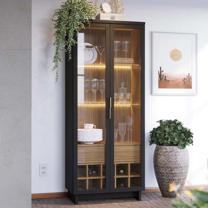 Imagem de Cristaleira Decorativa Tenerife Com Portas de Vidro e Adega LED MDF/MDP Preto/Noce G73 - Gran Belo