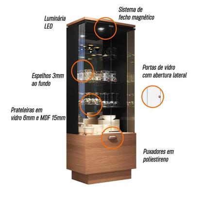 Imagem de Cristaleira Hb Móveis Aura 2 Portas De Vidro 1 Gaveta Nature-preto